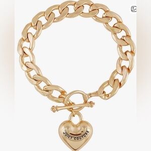 Juicy Couture Chunky Gold Tone Chain Puffy Heart Charm Toggle Bracelet 8” XL